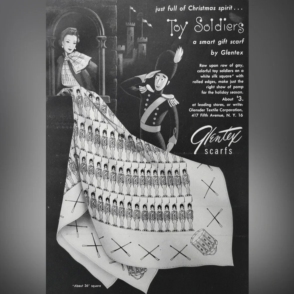 Glentex | Rare 40s 50s X-Mas Toy Soldiers & Drums 100% Silk Large Square Scarf